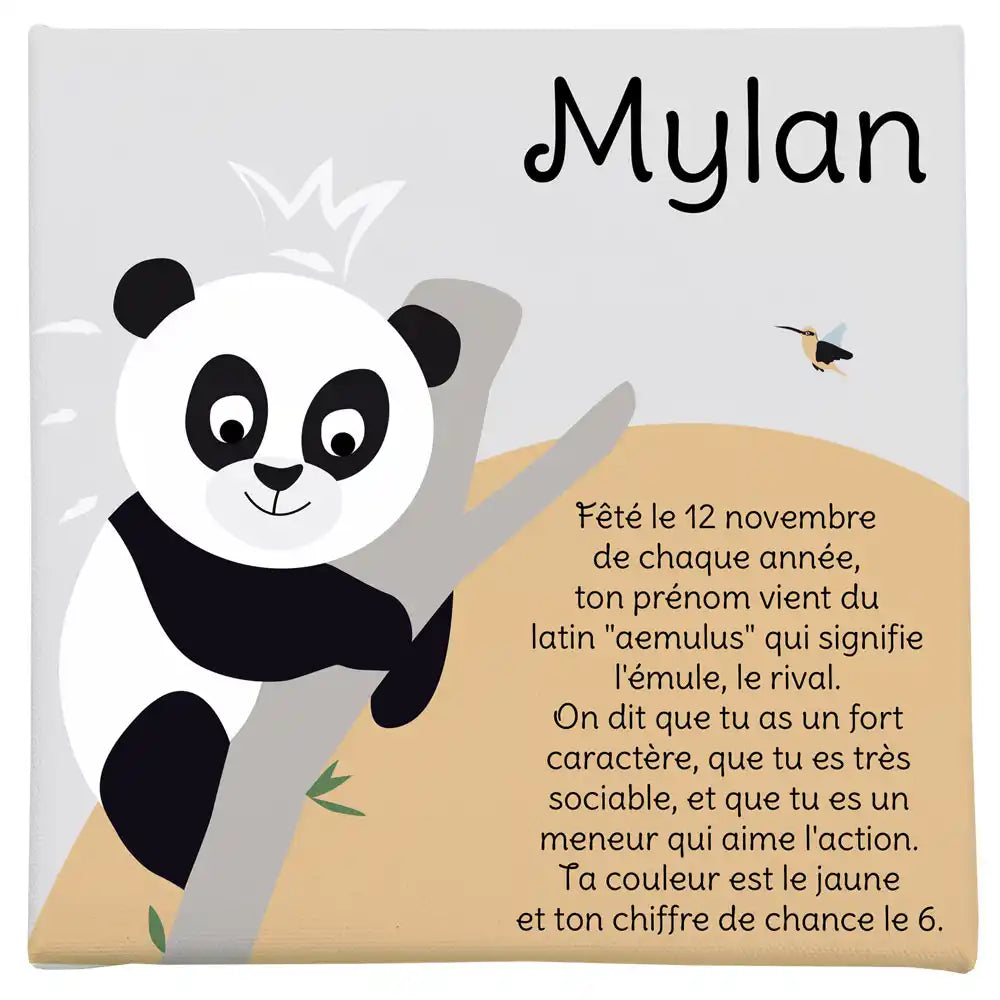 Toile origine du prénom sur le thème du panda
