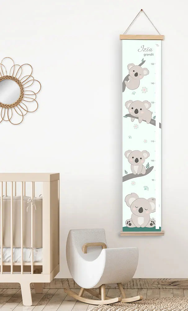 Toise murale bébé koala tissu personnalisée au prénom