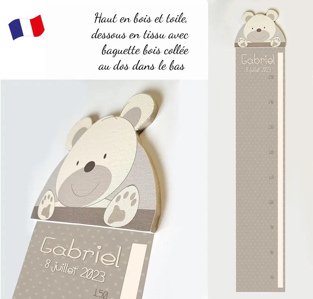 Toise bébé personnalisée beige et crème et oursons