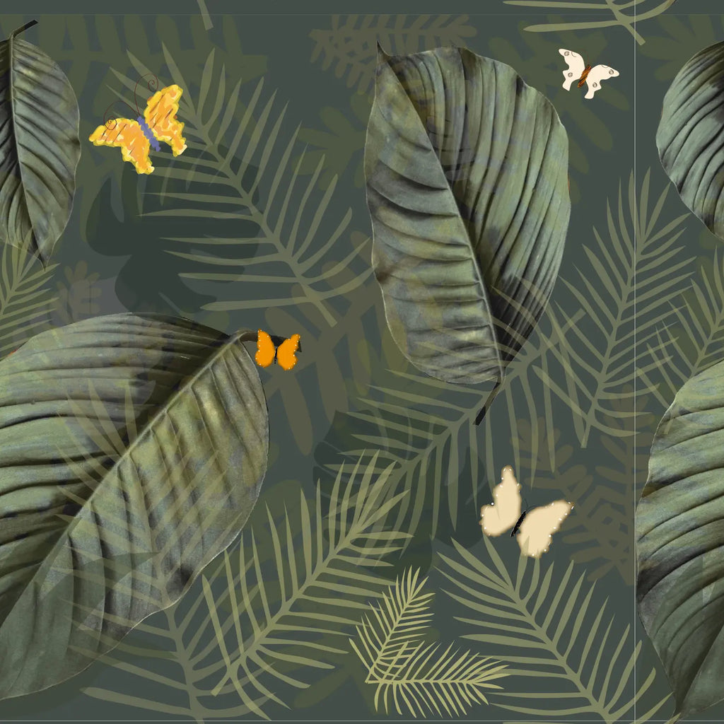 motif végétation tropicale et papillons sur papier peint préencollé