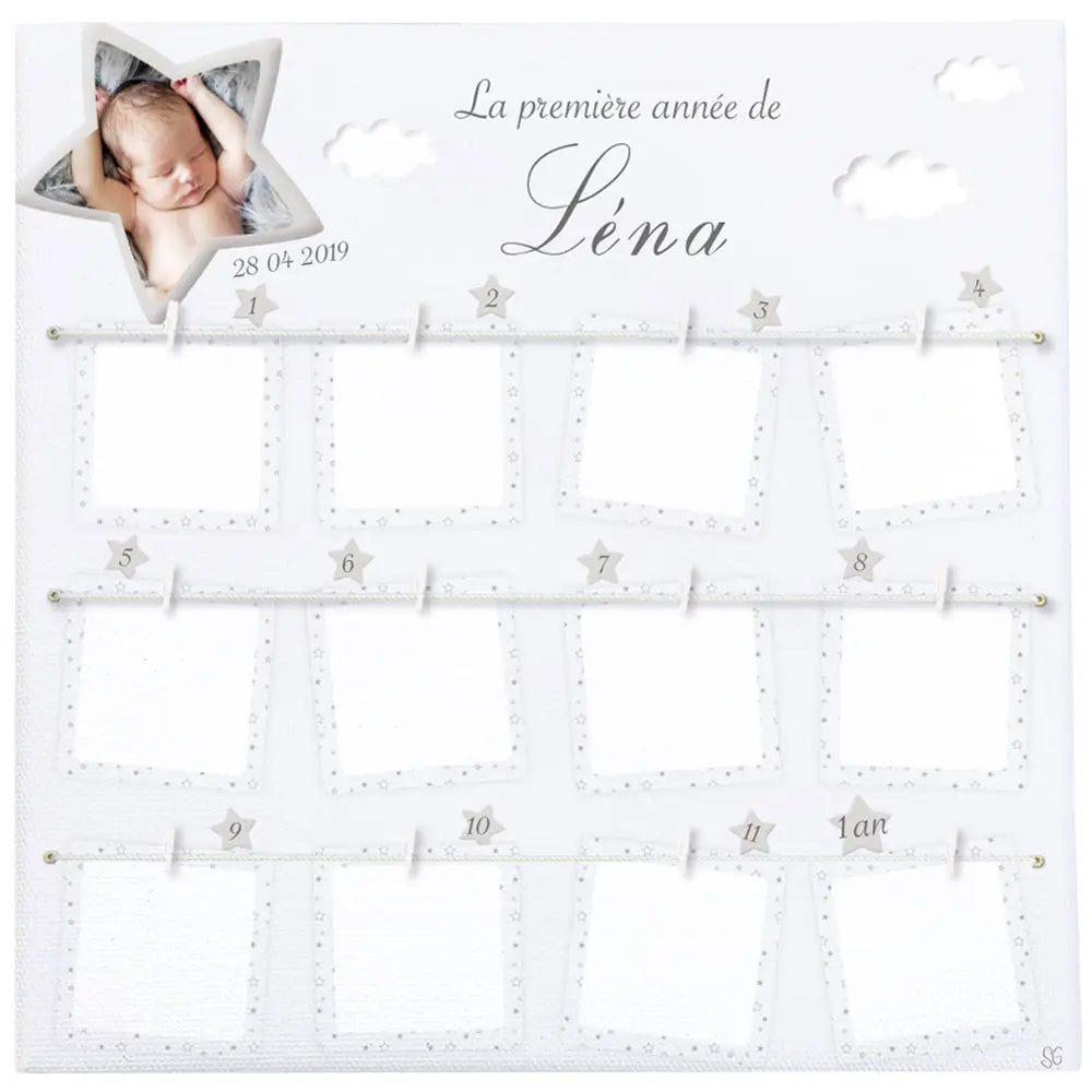 Cadre première année bébé personnalisé nuages et étoiles