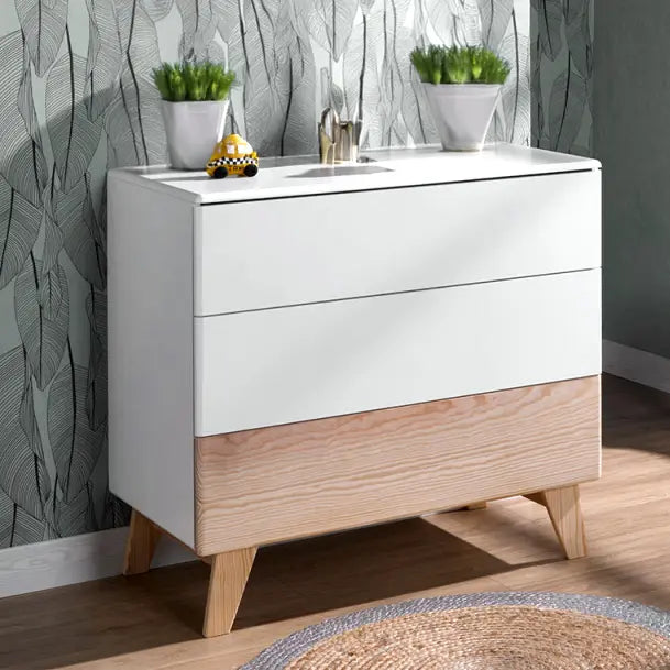 Commode 3 tiroirs blanche et bois de pin