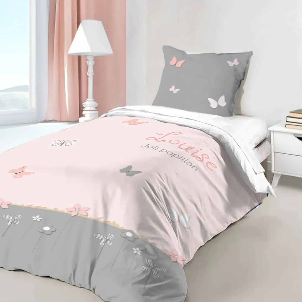 Housse de couette personnalisée papillons rose poudré et grise
