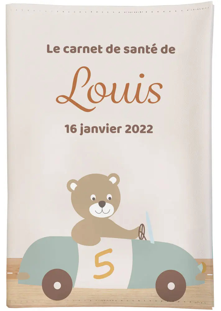 Protège carnet de santé bébé garçon personnalisé – ourson en voiture vintage avec prénom