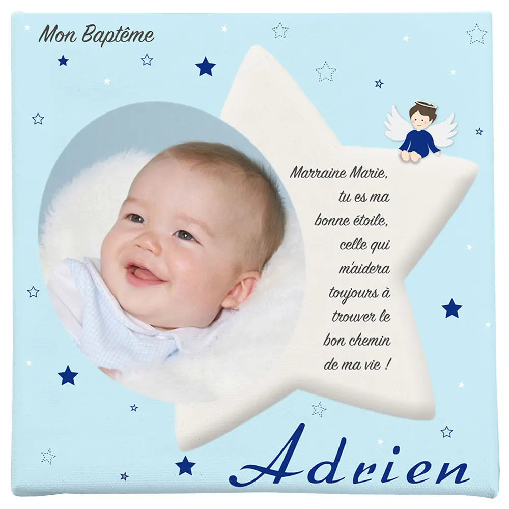 Toile baptême personnalisable bleu ciel étoilée