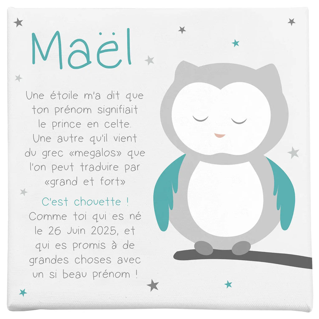 toile autour du prénom Maël thème bébé hibou et étoile