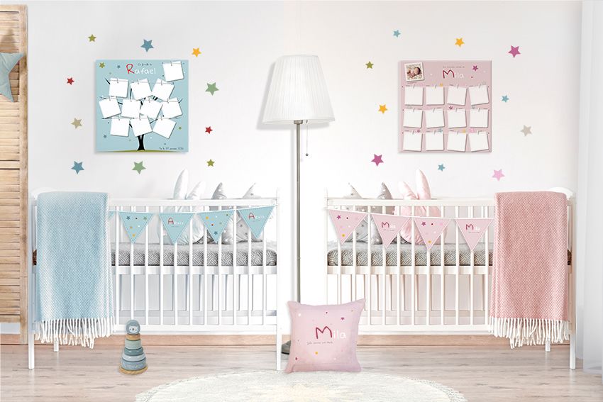 Chambre bébé mixte design bleu ou rose avec étoiles multicolores