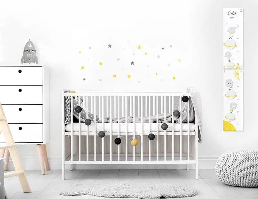 Chambre bébé jaune et grise thème espace et planètes