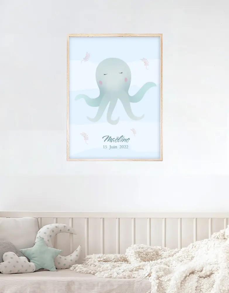 Affiche encadrée pour chambre bébé avec pieuvre