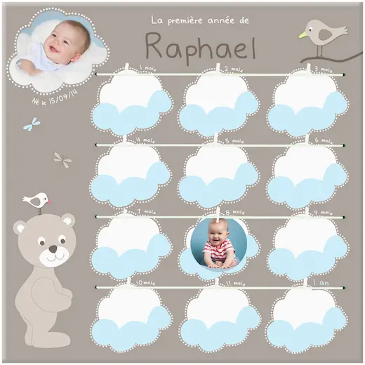 Cadre première année thème ourson et nuage pour bébé garçon