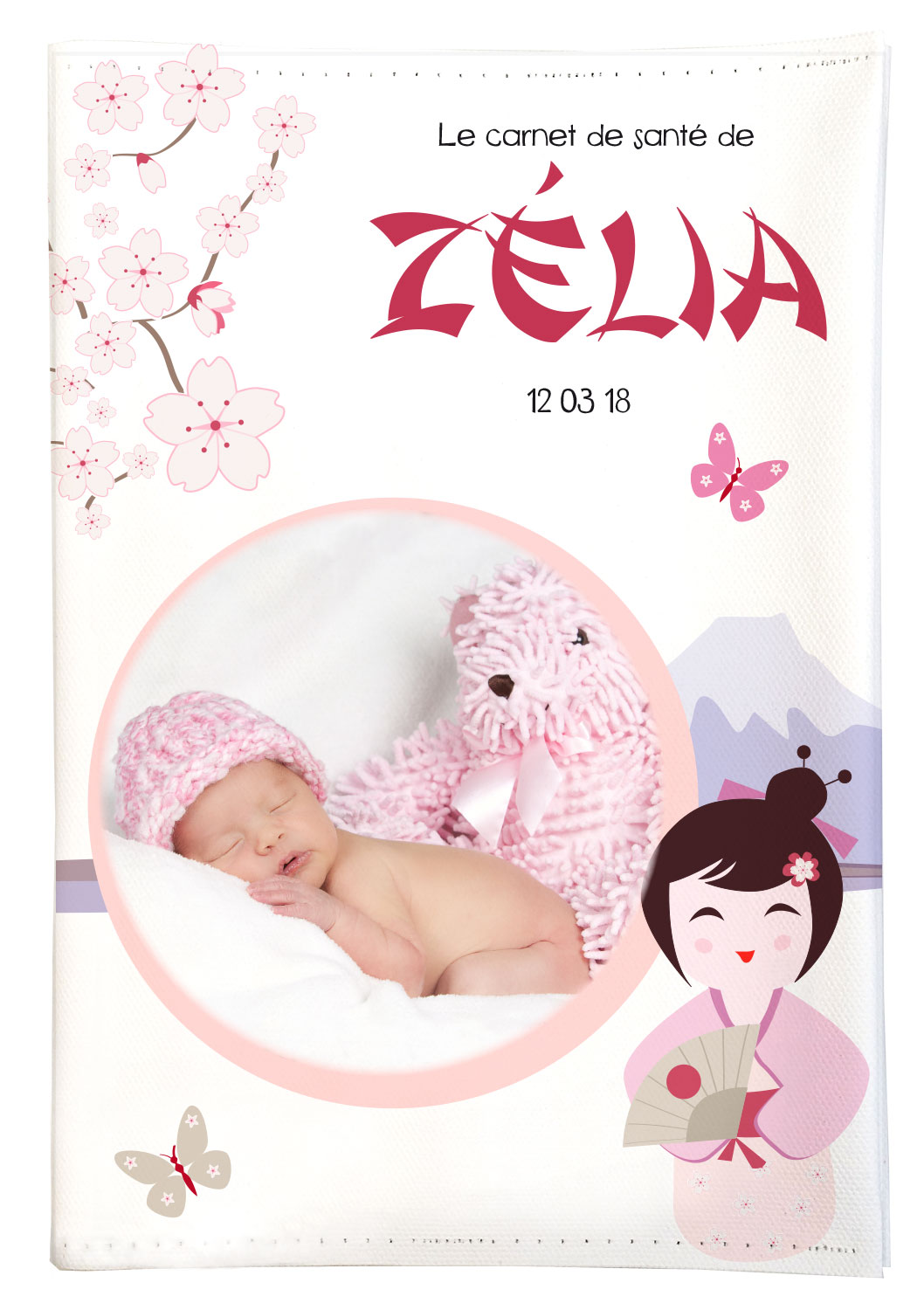 Protège carnet de santé photo personnalisé avec poupée kokeshi