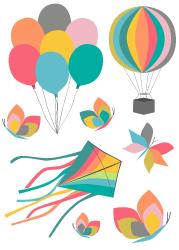 sticker montgolfière, ballon et cerf volant colorés
